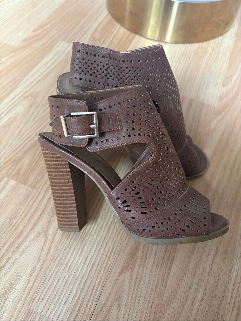 Call It Spring Brown Perforated Block Heel Sandals